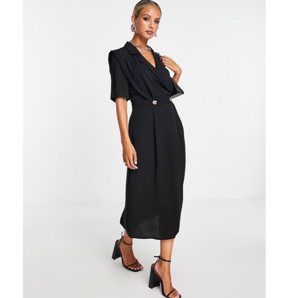 🆕 ASOS DESIGN Wrap Tux Midi Dress with Shoulder Pads in Black | Size 4